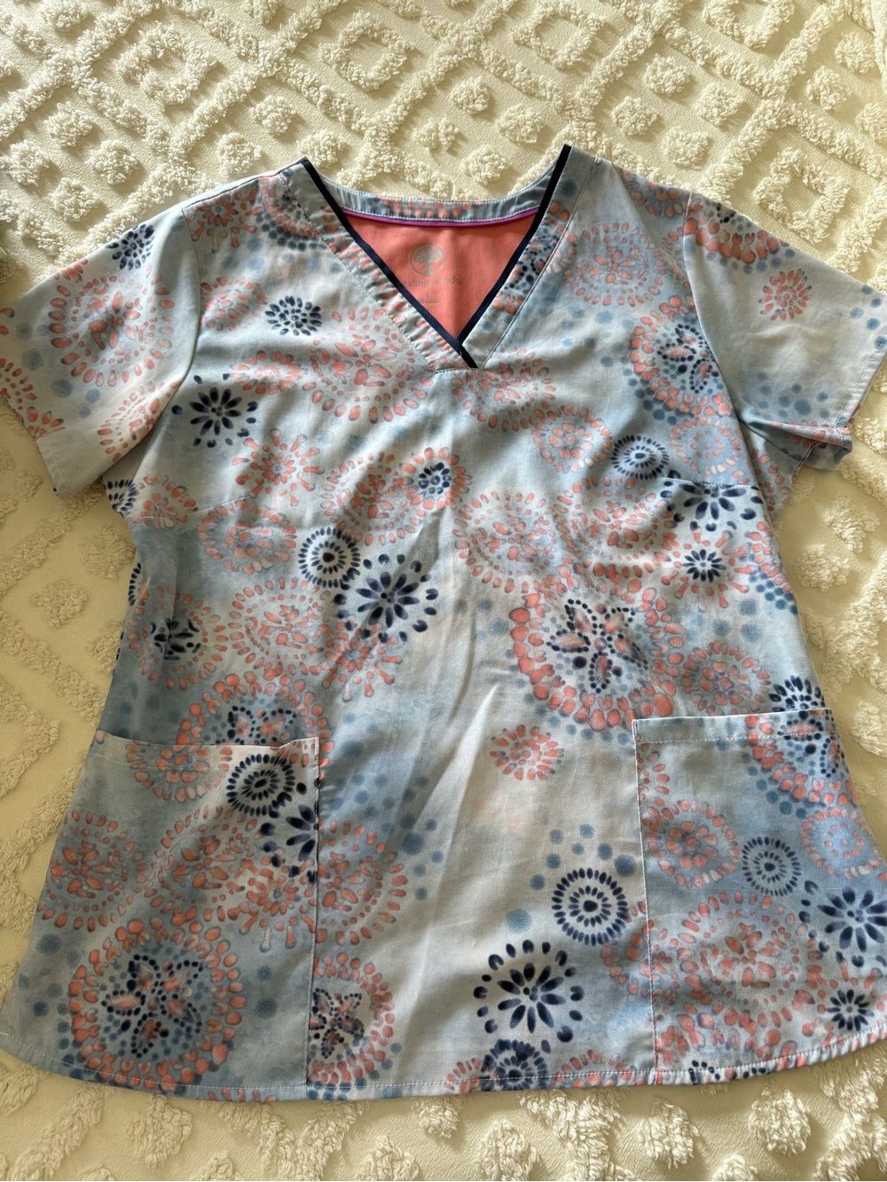 Healing Hands Coral Top with Navy Trim